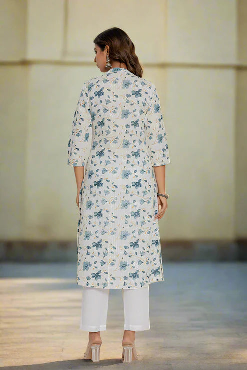 Off White Blue Cotton Straight Kurti – Women’s Clothing (XS, S & M)