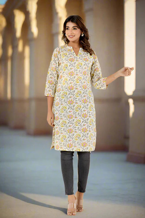 Off White-Cream Cotton Straight Kurti – Women’s Clothing (XS, S & M)