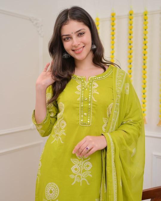 Olive Green with White emboidried Cotton Kutis
