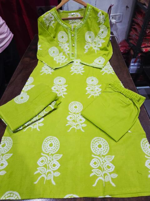 Olive Green with White emboidried Cotton Kutis