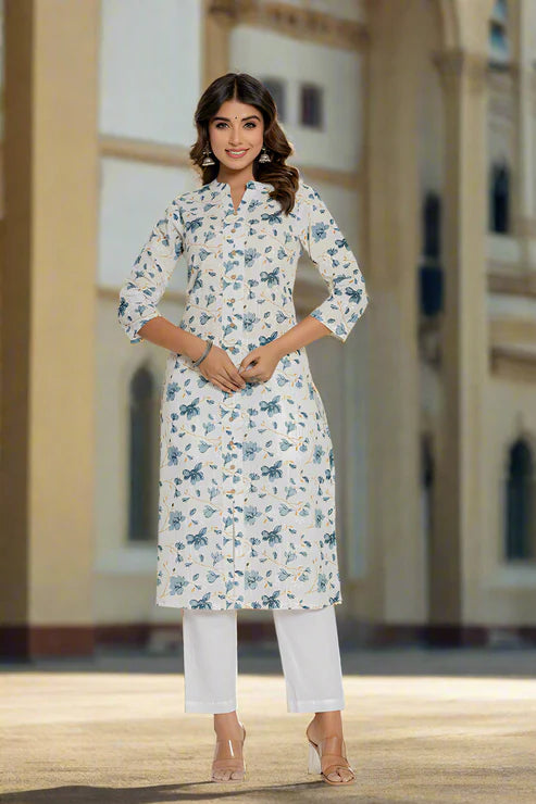 Off White Blue Cotton Straight Kurti – Women’s Clothing (XS, S & M)