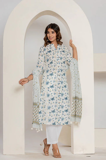 Off White Blue Cotton Straight Kurti – Women’s Clothing (XS, S & M)