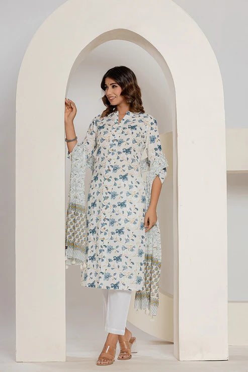 Off White Blue Cotton Straight Kurti – Women’s Clothing (XS, S & M)