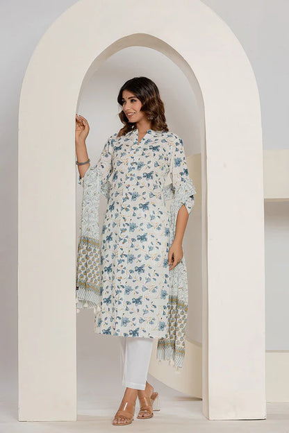 Off White Blue Cotton Straight Kurti – Women’s Clothing (XS, S & M)