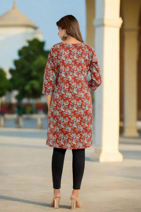 Off White-Red Cotton Straight Kurti – Hand Printed | Women’s Clothing