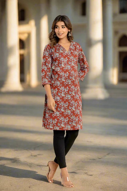 Off White-Red Cotton Straight Kurti – Hand Printed | Women’s Clothing