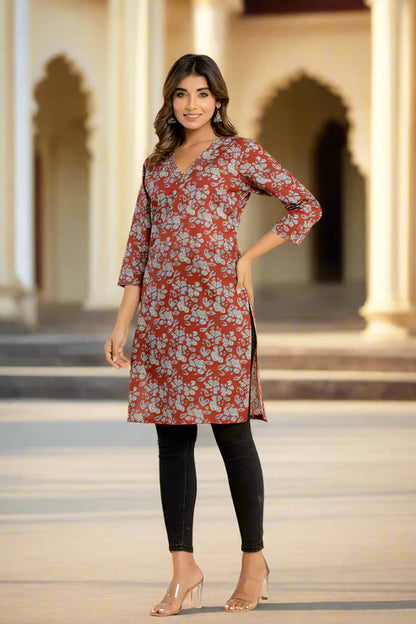 Off White-Red Cotton Straight Kurti – Hand Printed | Women’s Clothing