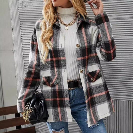 Autumn Winter Women's Wear Drop-shoulder Long-sleeve Lapel Loose Plaid Casual Shirt Coat