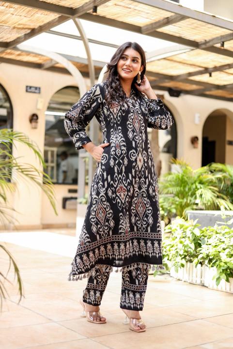 Black with White Embroidered Cotton Kurti for Women | FreshStylishNew